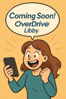 Cartoon photograph of excited OverDrive patron