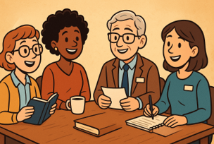 Cartoon photograph of school librarian reading to children 