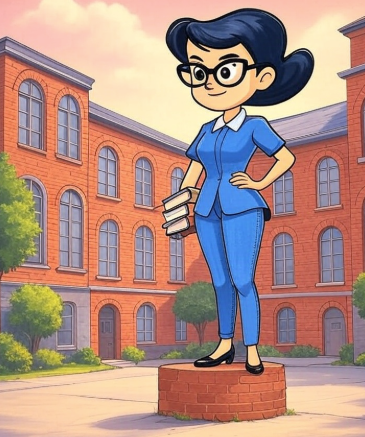 Cartoon photograph of school librarian in front of school