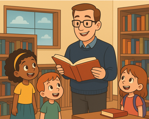 Cartoon photograph of school librarian reading to children 