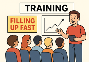 Cartoon photograph of a trainer teaching a class